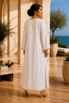 1970s Moroccan White Floral Caftan with Hand-Embroidered Gold Trim