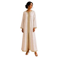 1970s Moroccan White Floral Caftan with Hand-Embroidered Gold Trim