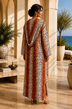1970s Moroccan Animal Print Hooded Djellabah Caftan with Black Trim