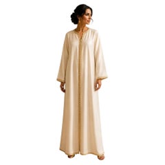 Vintage Moroccan Ivory Dupioni Silk Caftan Gown, Handcrafted 1970s