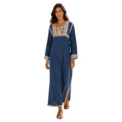 Vintage Moroccan Indigo Cotton Embroidered Caftan circa 1970s
