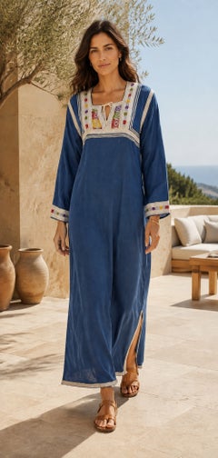 Vintage Moroccan Indigo Cotton Embroidered Caftan circa 1970s