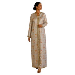 Vintage Moroccan Metallic Floral Brocade Caftan with Gold Trim, Circa 1980s