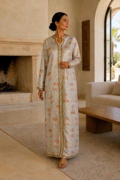 Vintage Moroccan Metallic Floral Brocade Caftan with Gold Trim, Circa 1980s