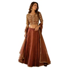 Indian Silk Couture Lehenga Set Beaded Brocade Blouse & Matching Shawl
