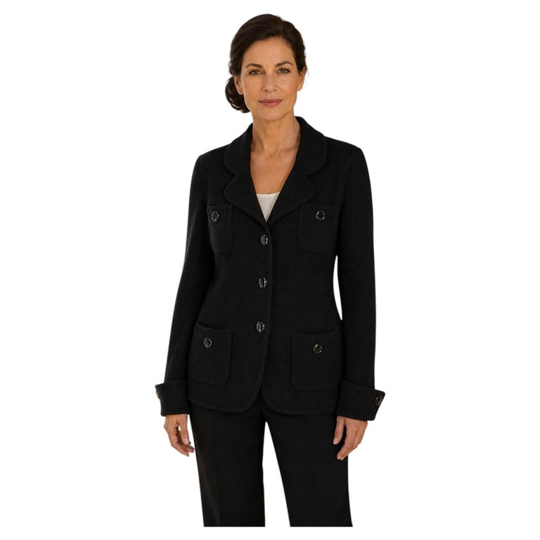 St. John Caviar Black Wool Knit Four-Pocket Blazer, Size 12 For 