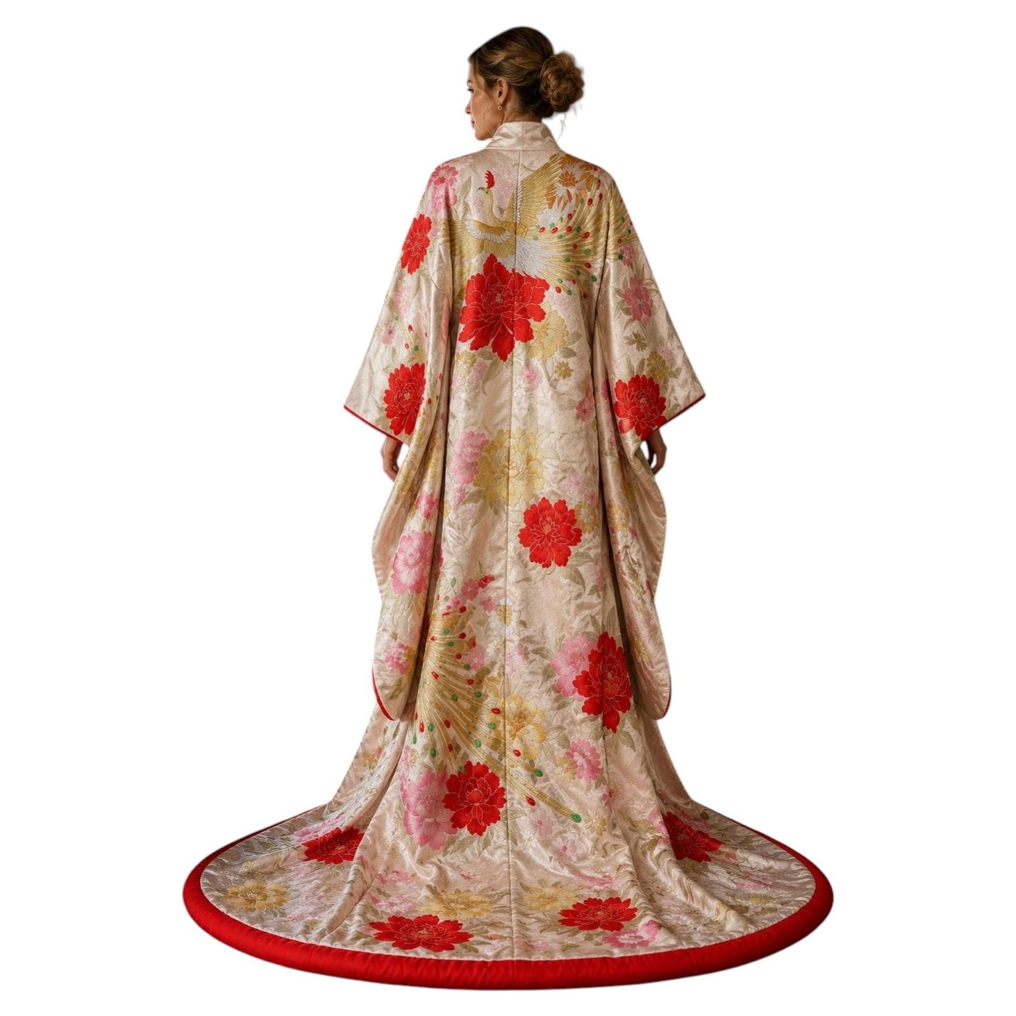 Kimono da sposa giapponese "Uchikake" in seta degli anni '70, con broccato raffigurante fenici e peonie
