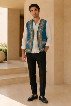 Vintage Turkish Blue Cotton Folk Vest with Embroidery and Pockets, 20th Century