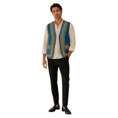 Vintage Turkish Blue Cotton Folk Vest with Embroidery and Pockets, 20th Century