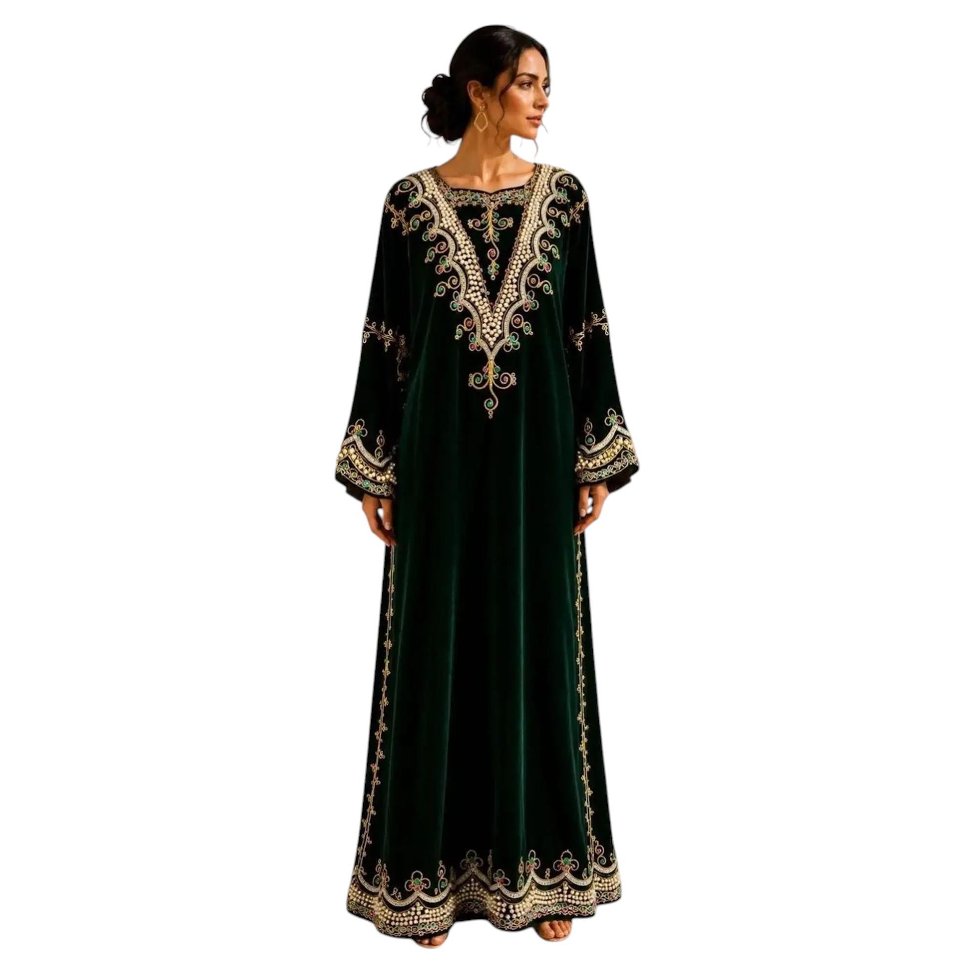 Vintage-Kaftan im marokkanischen Bindalli-Stil aus smaragdgrünem Samt, 1970er Jahre