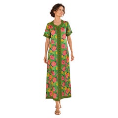 Vintage 1970s Moroccan Green Floral Print Maxi Caftan Dress