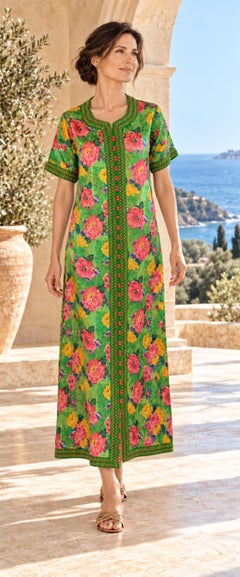 Vintage 1970s Moroccan Green Floral Print Maxi Caftan Dress