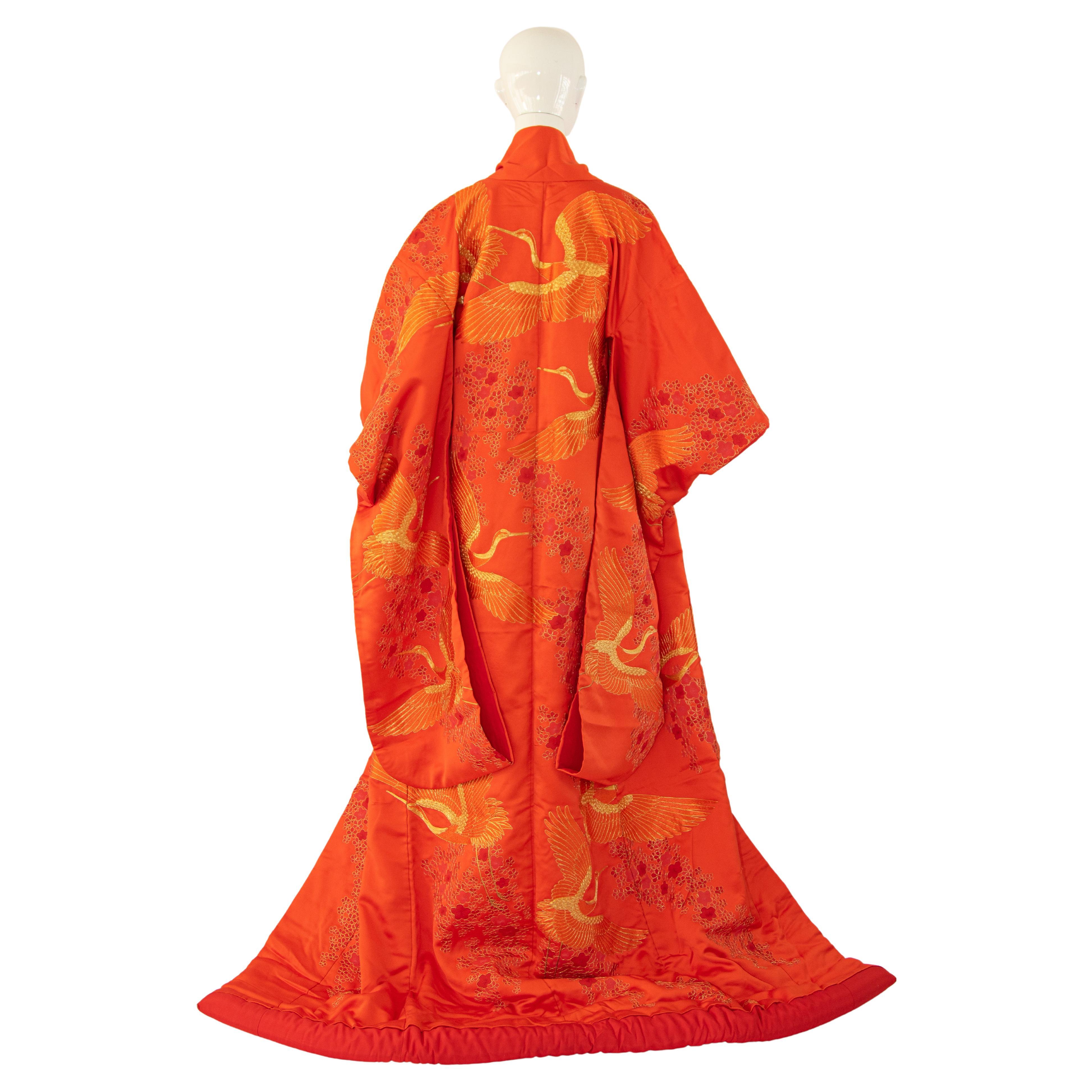 1950s Japanese Uchikake Wedding Kimono Red Silk Gold Cranes Formal Bridal Robe
