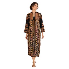Vintage 1970s Afghan Kuchi Black Floral Embroidered Maxi Kaftan Dress