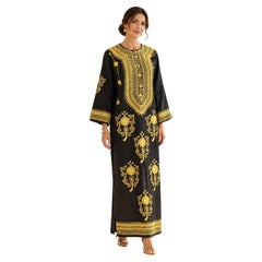 Vintage 1970s Black Cotton Kaftan Dress with Gold Embroidery, Bohemian