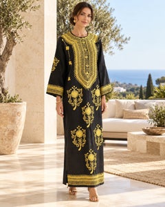 Vintage 1970s Black Cotton Kaftan Dress with Gold Embroidery, Bohemian