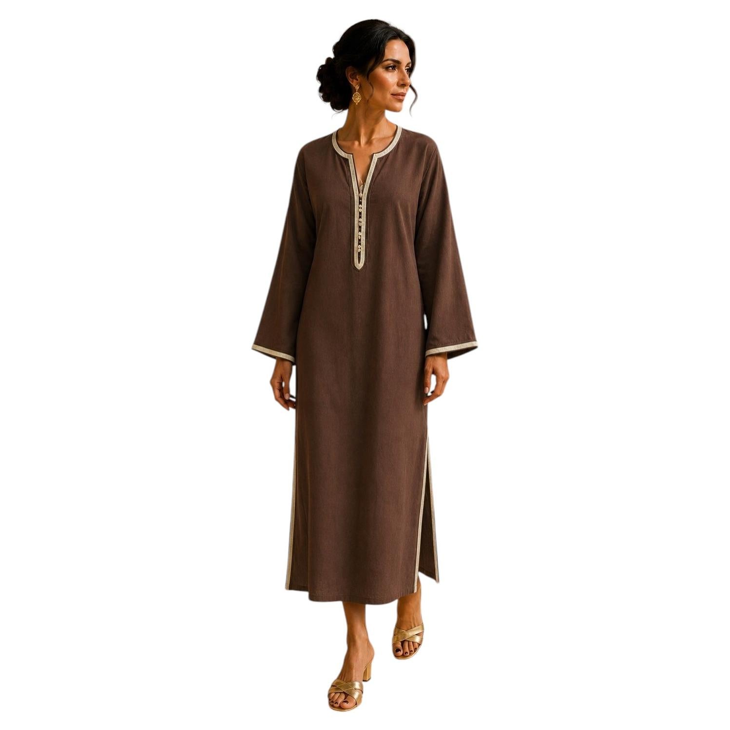 Unisex-Kaftan aus marokkanischer brauner Baumwolle im Vintage-Stil der 1980er Jahre, Djellaba im bohemischen maurischen Stil