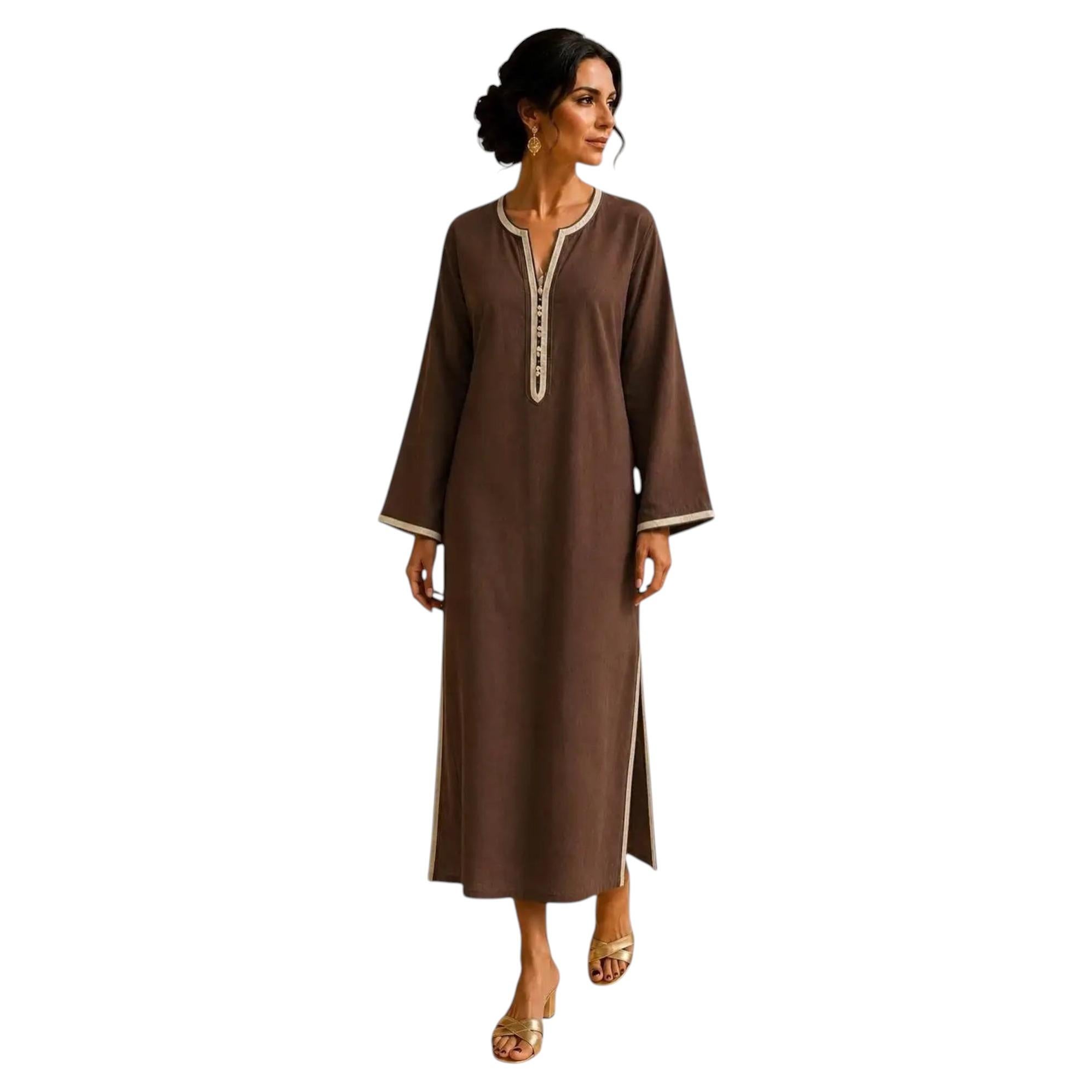 Vintage 1980s Moroccan Brown Cotton Caftan, Bohemian Moorish Djellaba