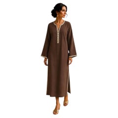 Vintage 1980s Moroccan Brown Cotton Caftan, Bohemian Moorish Djellaba
