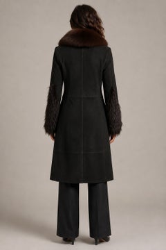 Vintage Italian Black Lamb Shearling Suede Coat with Brown Fox Fur Collar