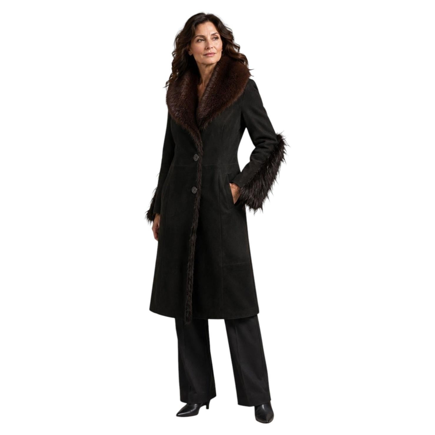 Vintage Italian Black Lamb Shearling Suede Coat with Brown Fox Fur Collar For Sale