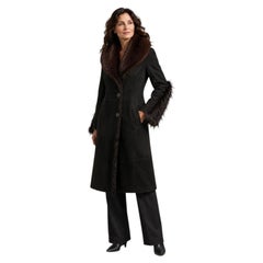 Vintage Italian Black Lamb Shearling Suede Coat with Brown Fox Fur Collar