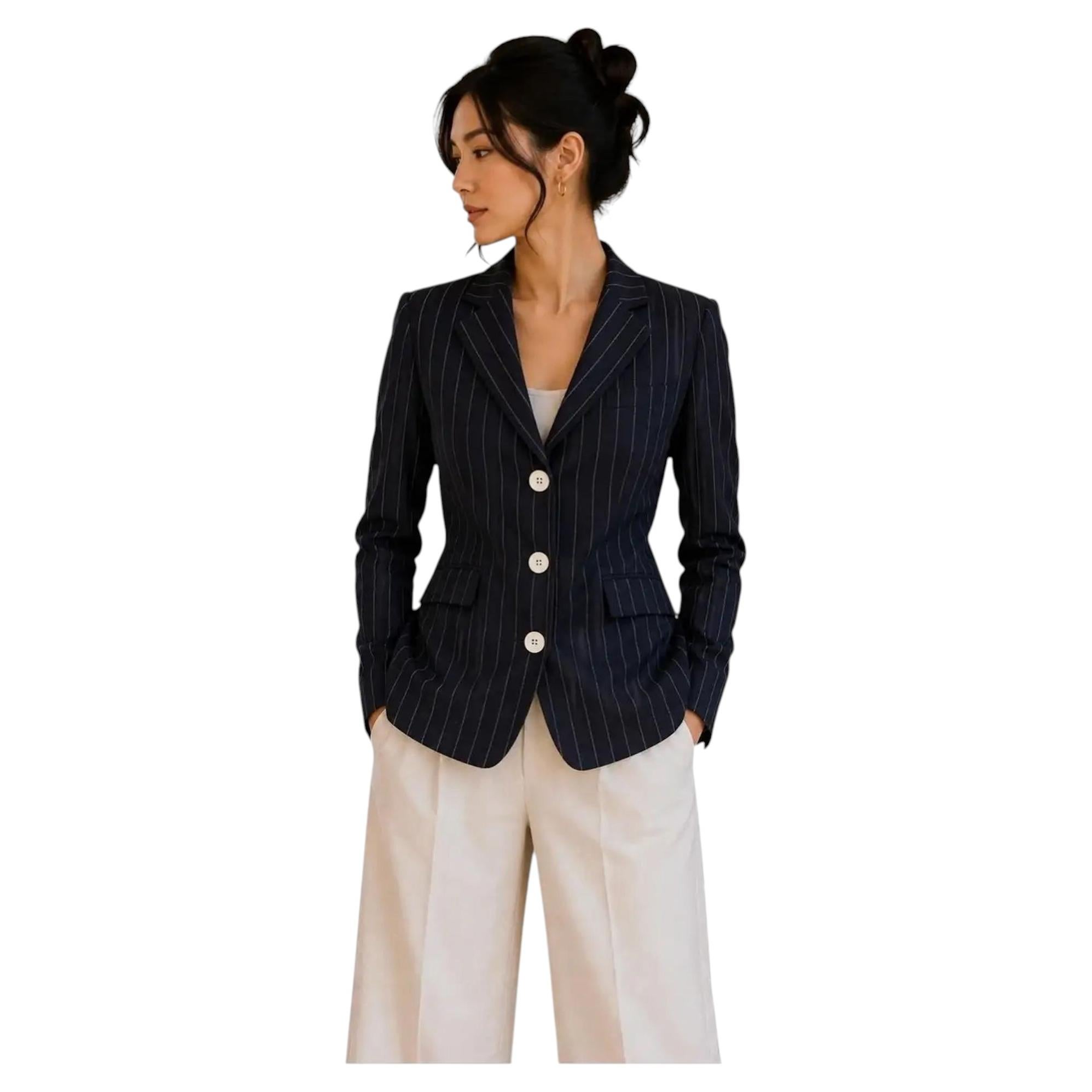 Vintage-Blazer von Ralph Lauren mit schwarzen Nadelstreifen, Größe 8, Leinenmischung