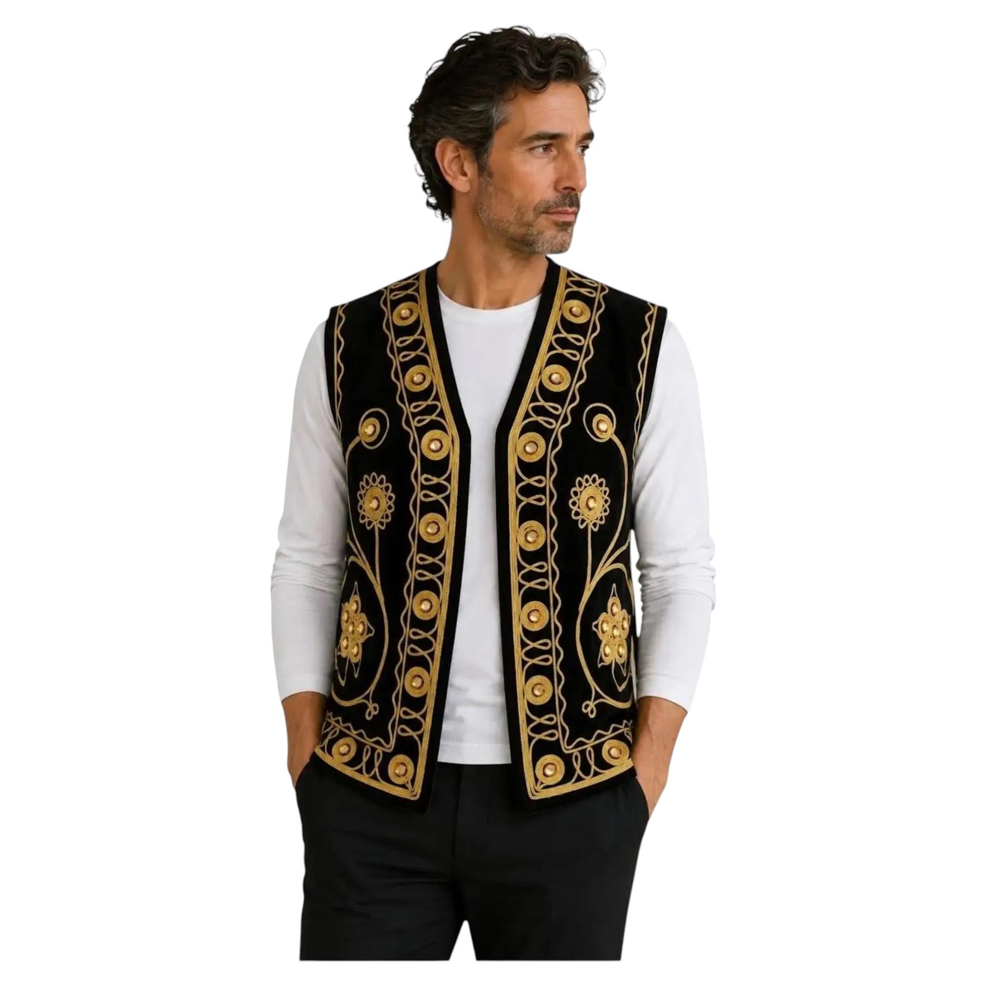 Schwarze, mit Gold bestickte Hippie-Weste aus türkischem Samt mit Spiegelverzierungen, 1970er Jahre