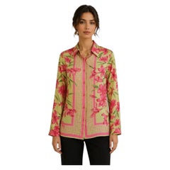 Oscar De La Renta 1990s Vintage Silk Floral Blouse in Pink Green Print