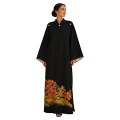 Japanese Black Silk Kuro Tomesode Kimono with Hand-Painted Autumn Landscape 1960