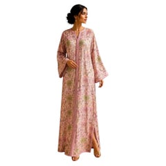 Caftan marocain vintage à motifs damassés floraux roses, robe longue de créateur confectionnée à la main, 1970
