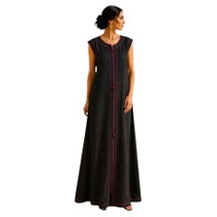 1980s Vintage Moroccan Black Sleeveless Caftan with Pink Embroidery