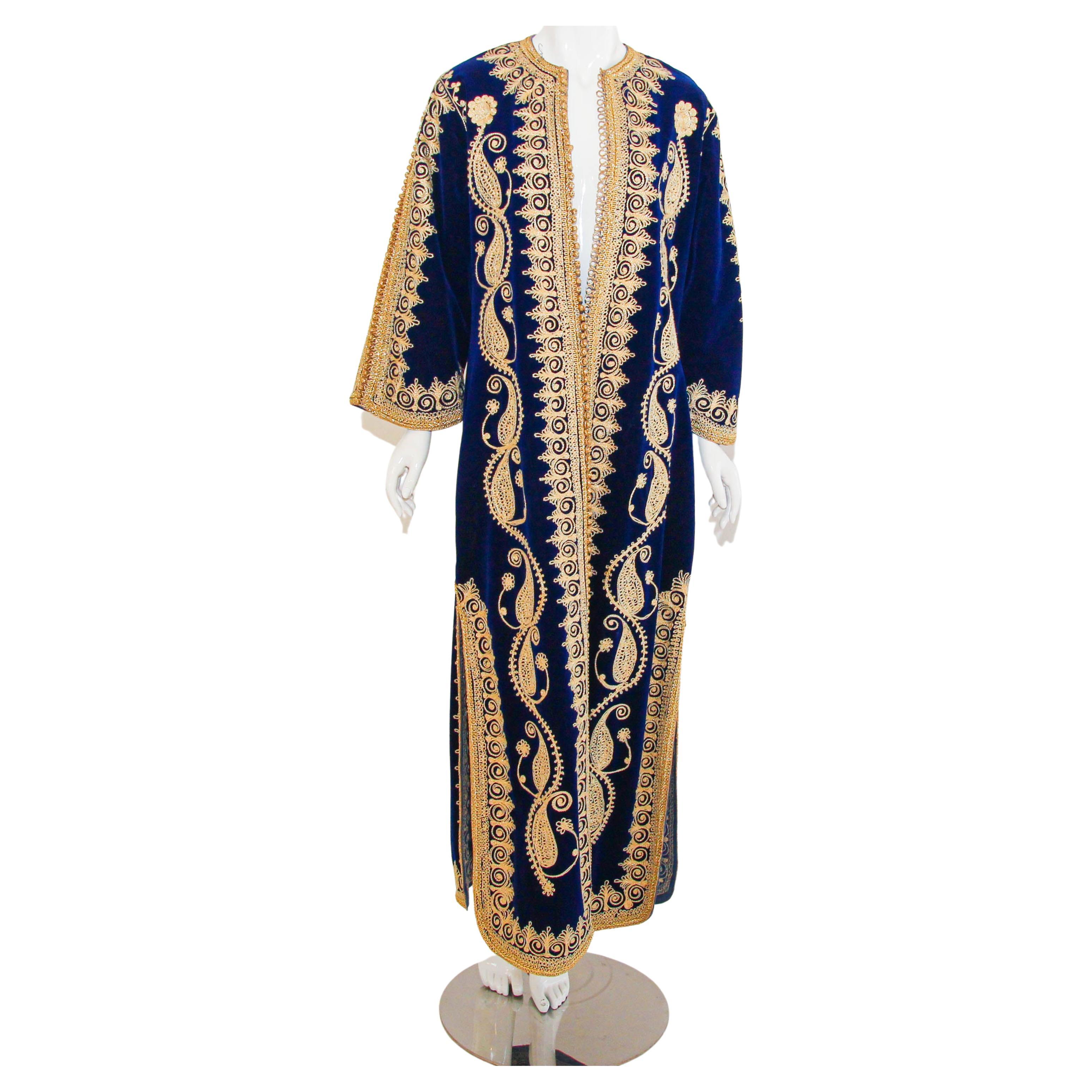 Vintage Moroccan Velvet Kaftan Blue and Gold Embroidered Caftan 1960's For Sale