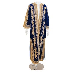 Vintage Moroccan Velvet Kaftan Blue and Gold Embroidered Caftan 1960's