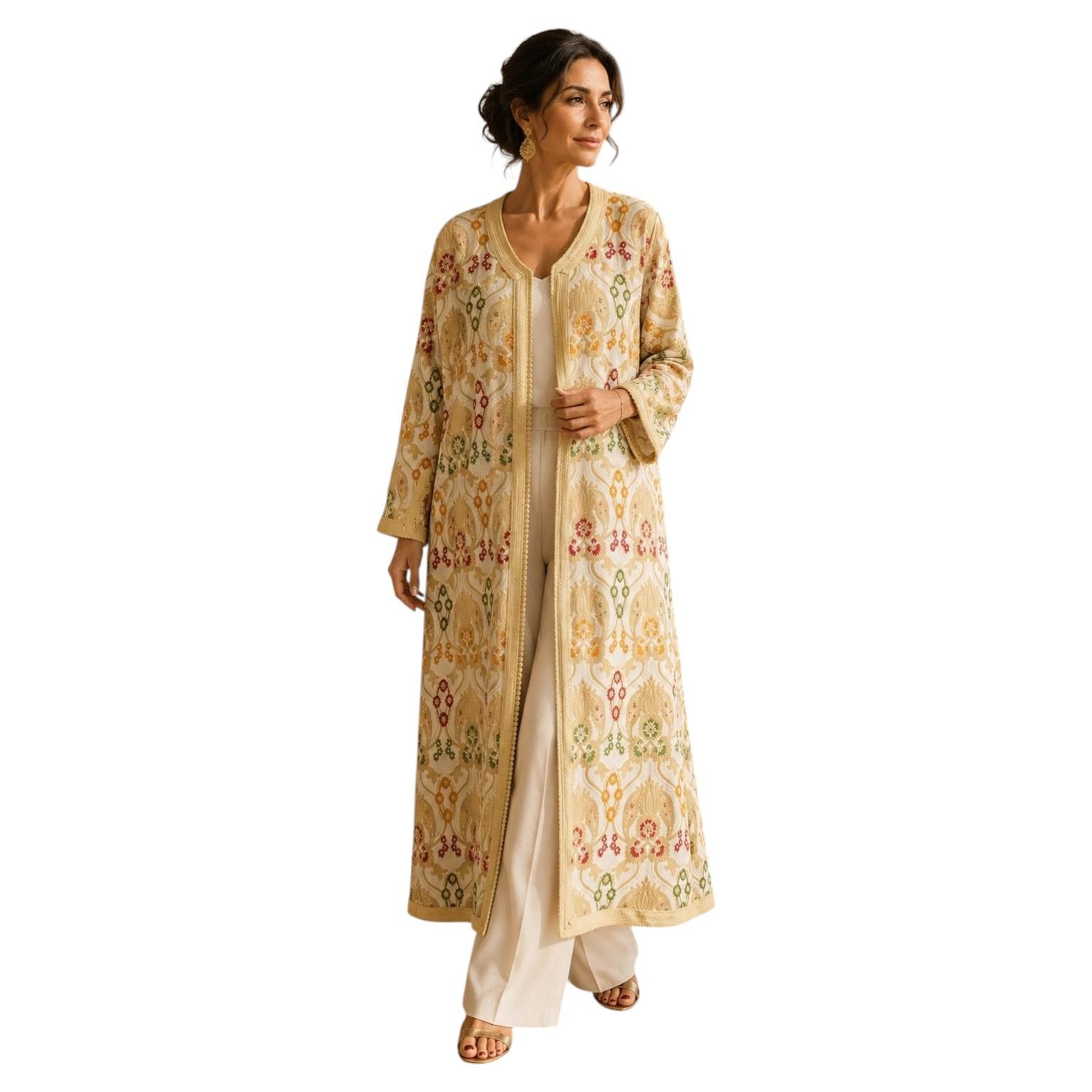 1990s Moroccan Silver Metallic Damask Brocade Caftan Coat For Sale