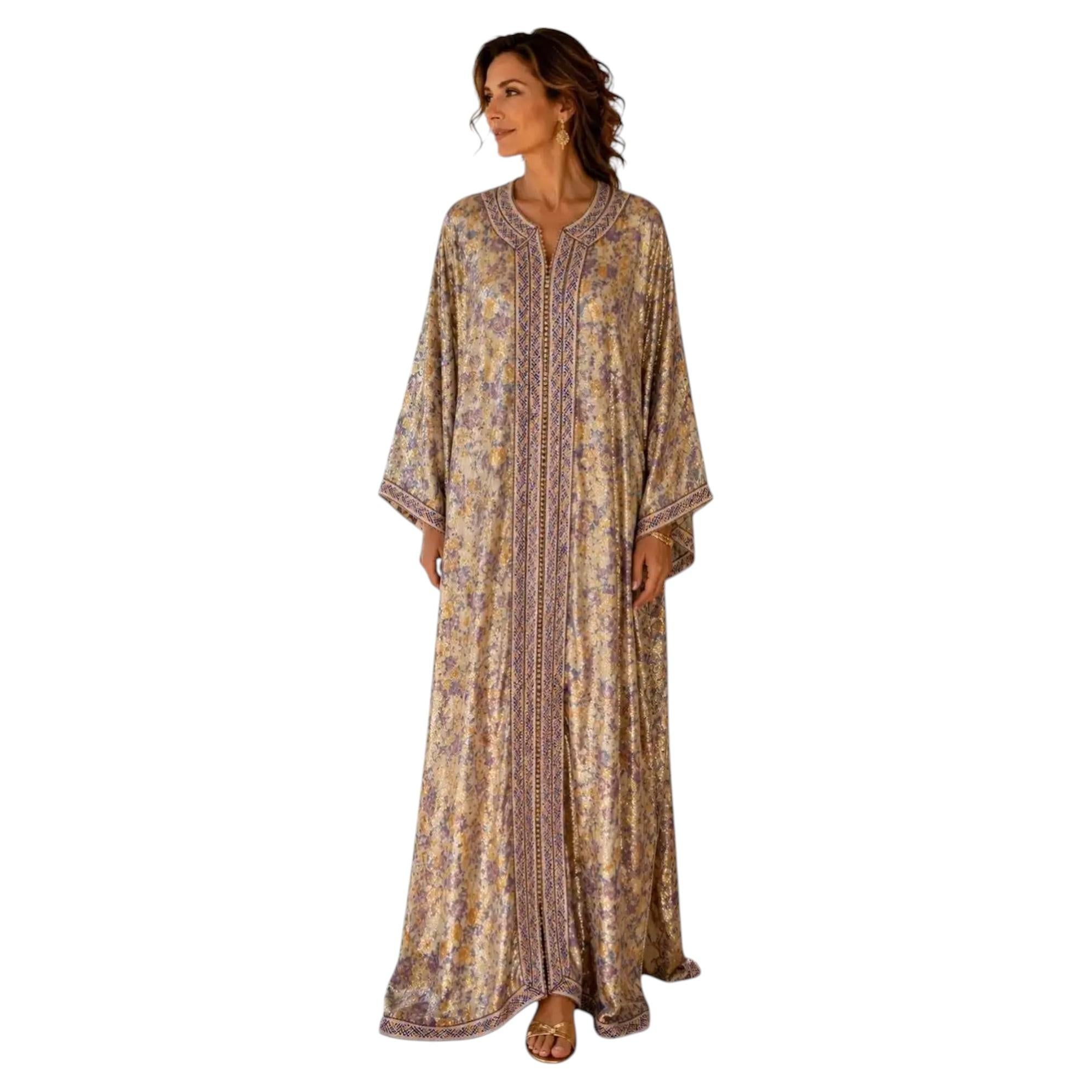1970s Moroccan Metallic Silk Brocade Caftan in Purple and Gold