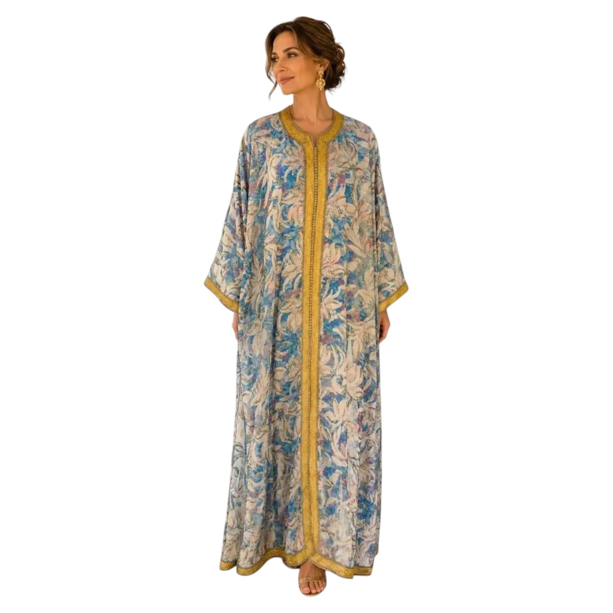1960s Moroccan Turquoise Silk Caftan Set with Gold Floral Overlay