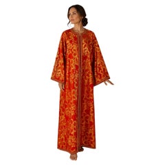 1970s Vintage Moroccan Red Gold Silk Damask Brocade Maxi Caftan
