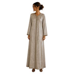 1970s Moroccan Silver Damask Caftan with Hand-Knotted Akaad Closures