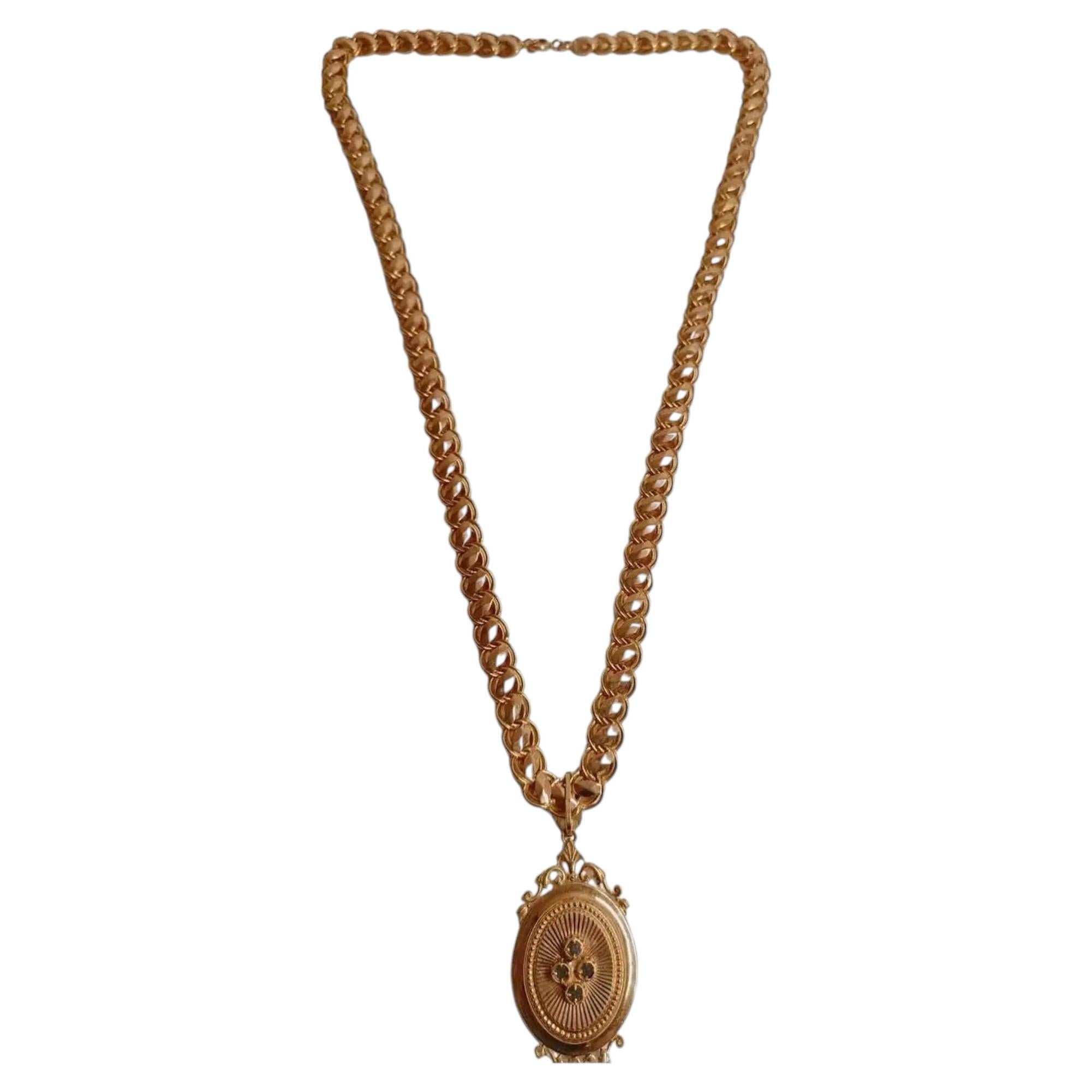 Georgian Long Chain 18K Gold Necklace with French Medallion