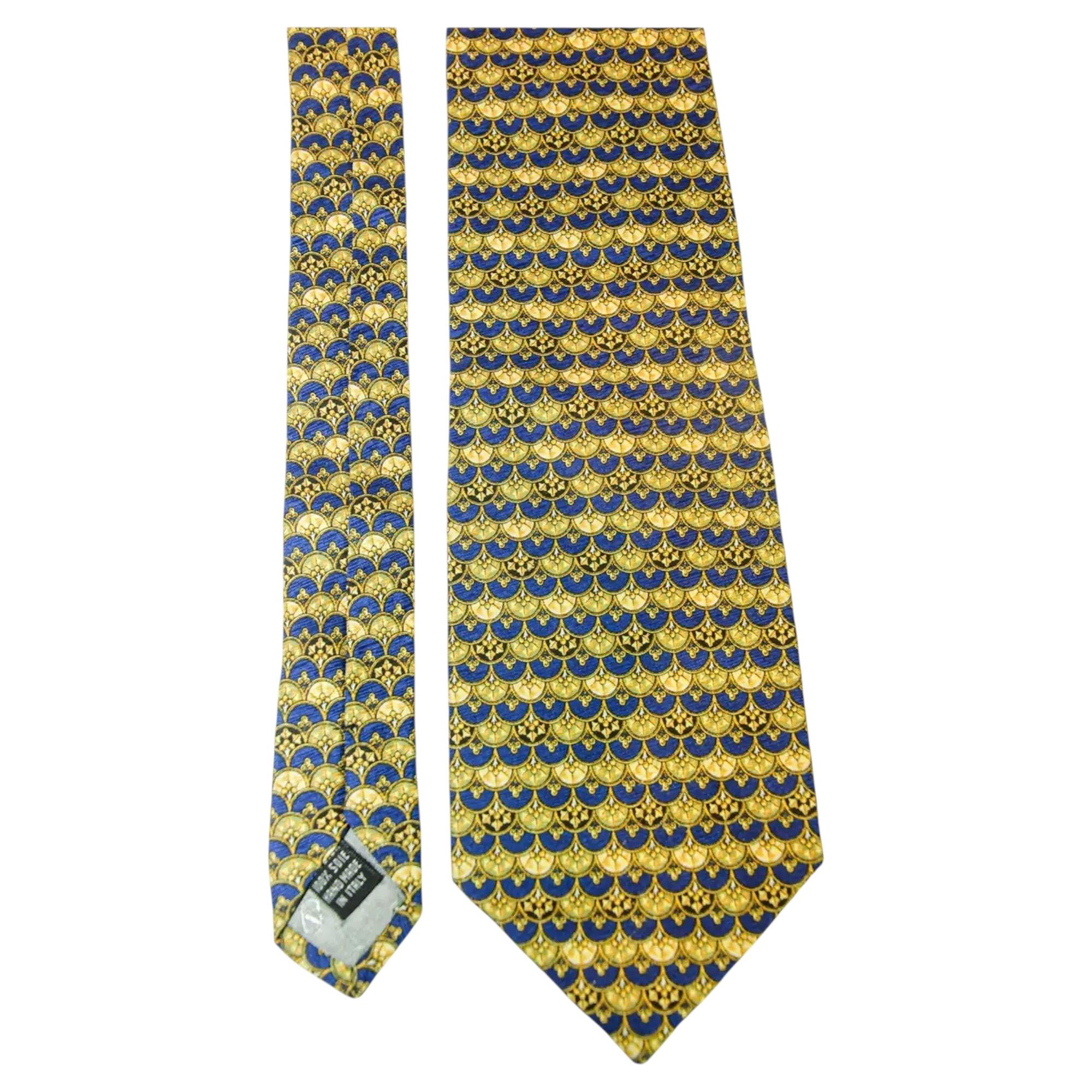Valentino Vintage 1990s Gold Blue Silk Twill Necktie Handmade in Italy