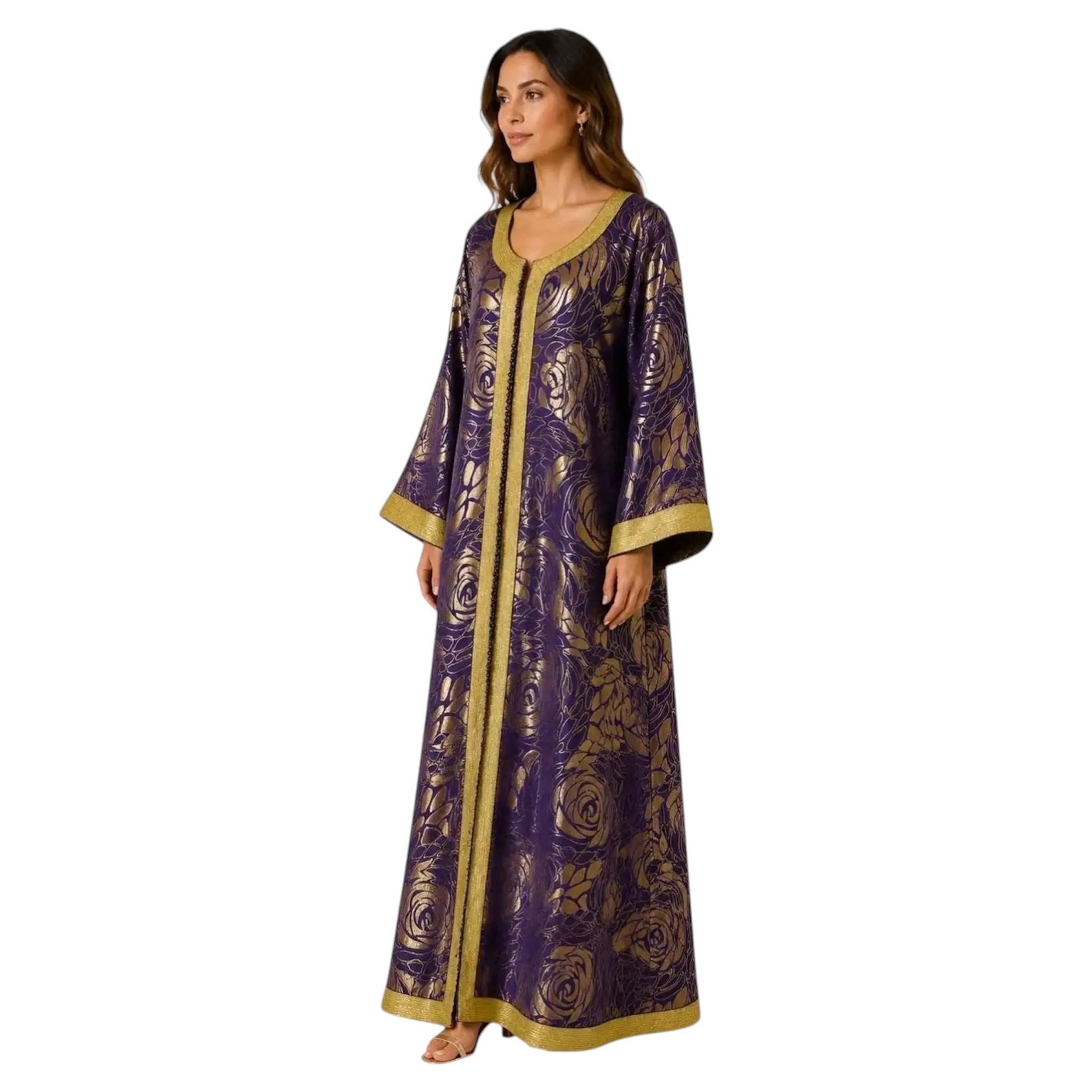 Moroccan Caftan Purple and Gold Damask Embroidered Vintage Kaftan 1960s For Sale