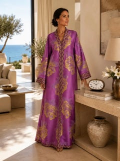 Moroccan Purple Pink Silk Damask Caftan with Gold Brocade