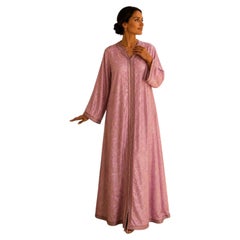 1960s Moroccan Pink Silk Damask Caftan with Hand Embroidery