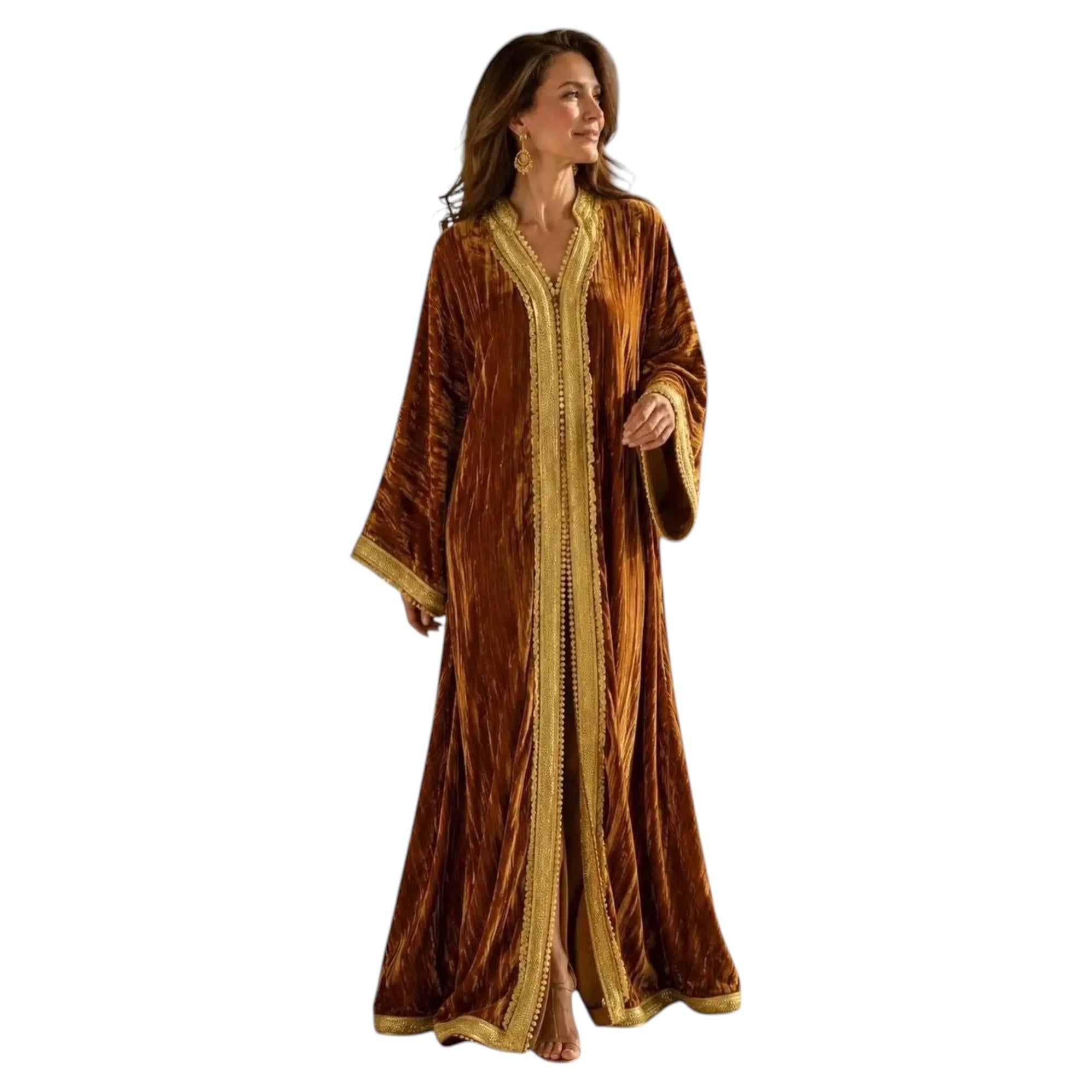 Moroccan Caramel Silk Velvet Caftan with Gold Hand Passementerie, 1960s