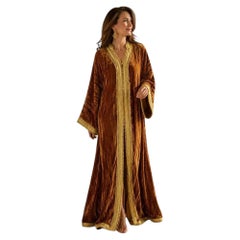 Moroccan Caramel Silk Velvet Caftan with Gold Hand Passementerie, 1960s