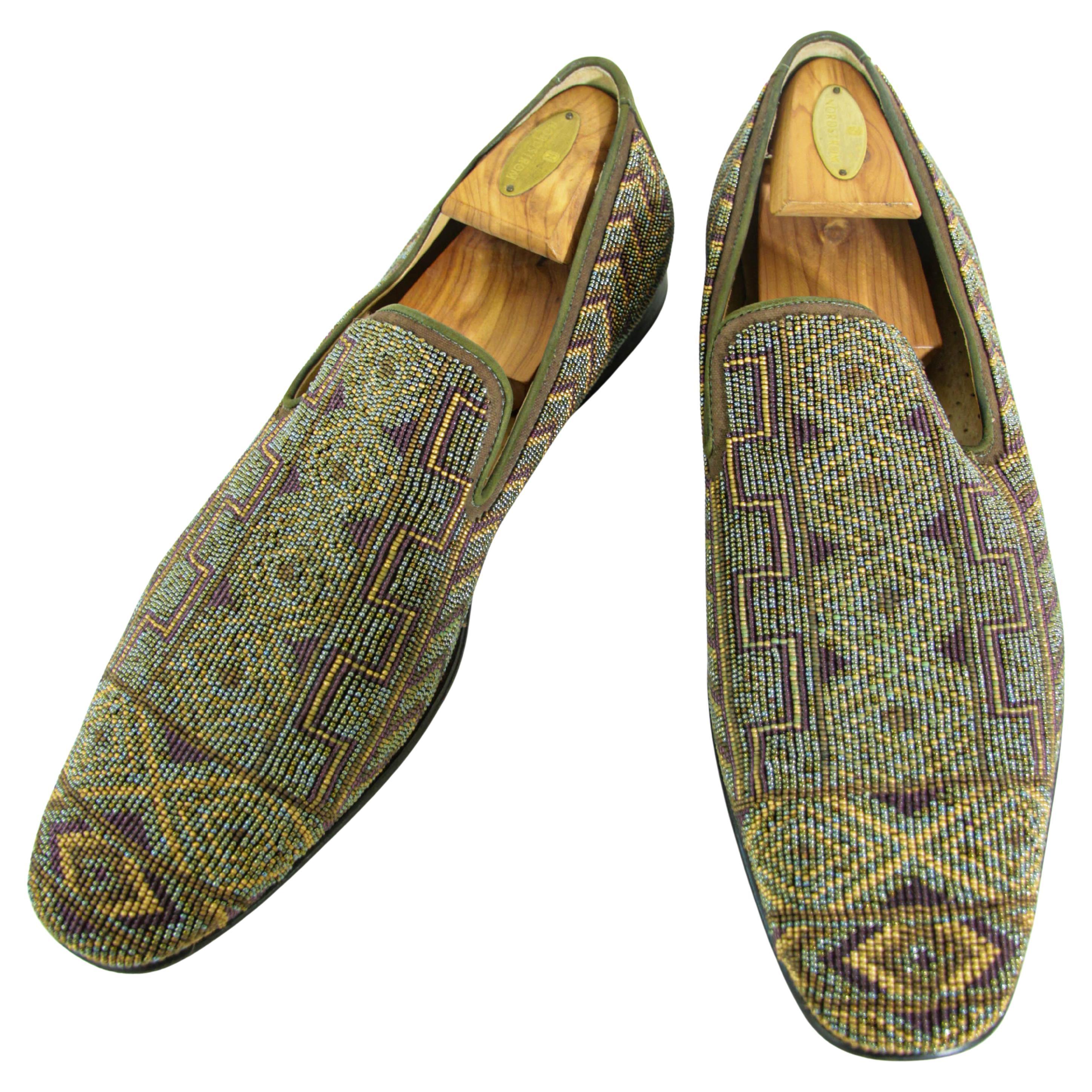 DONALD J PLINER Size 13 Green Purple Beaded Leather Slip On Loafers For Sale
