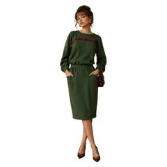 1970s Valentino Olive Green and Burgundy Long Sleeve Cocktail Dress