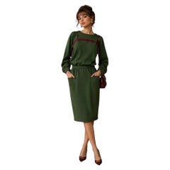 1970s Valentino Olive Green and Burgundy Long Sleeve Cocktail Dress