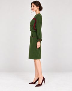 1970s Valentino Boutique Olive Green Wool Dress with Burgundy Trim Made in Italy